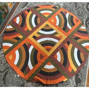 Vintage 1970s round tablecloth bold brown geometric orange mid-century modern 60